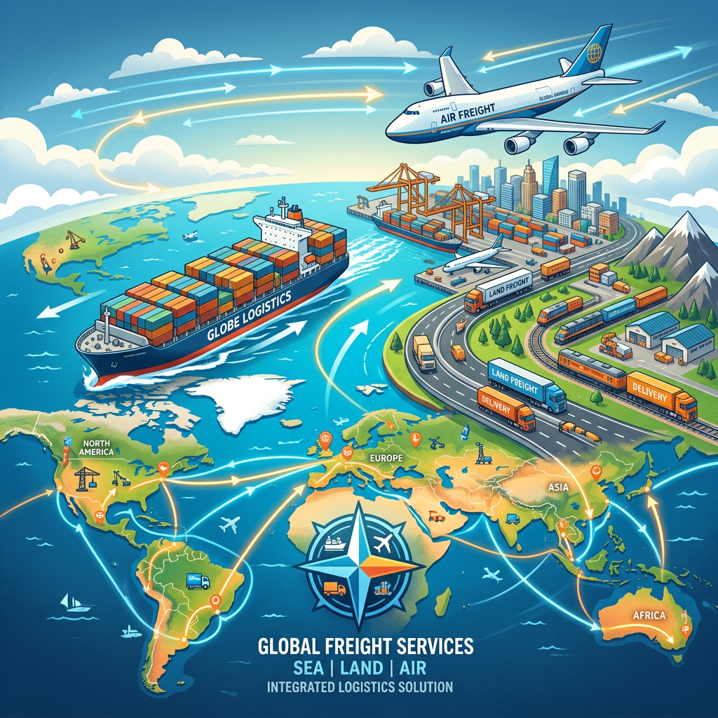Map showing global freight routes with cargo ship, airplane, trucks, and trains